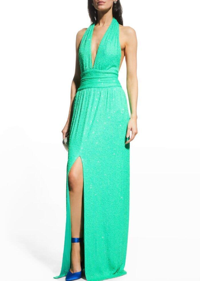 SHO BY TADASHI SHOJI Sasha Sequin Halter Gown with Front Slit  Lime - Size 6