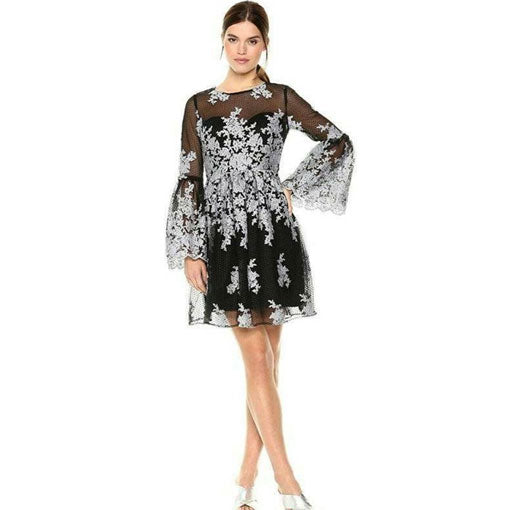 NICOLE MILLER New York Embroidered Bell Sleeve Dress Black Silver - Size 8