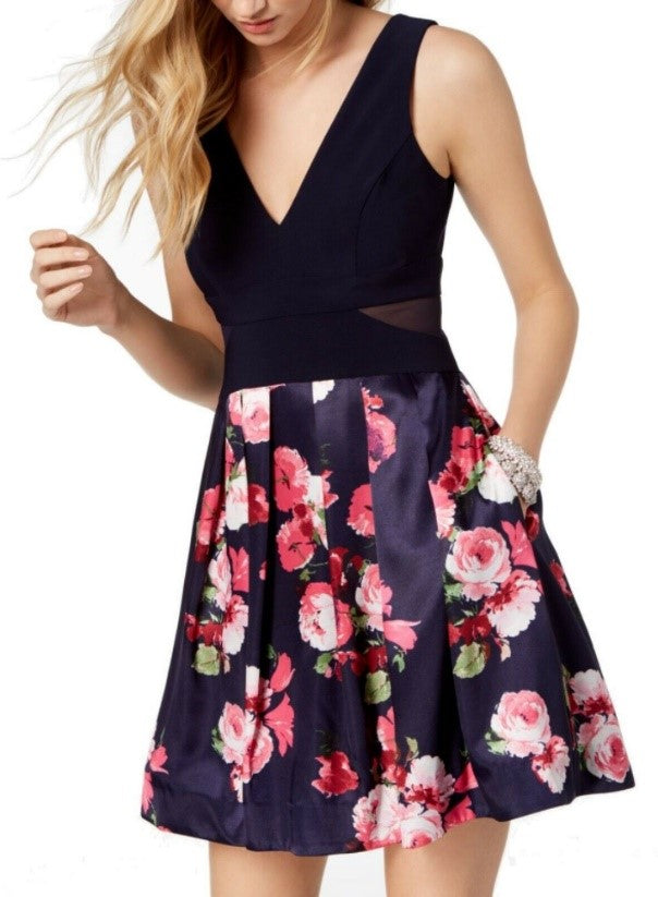 XSCAPE - Women's Dress Pink Blue -Line V-Neck Floral Print - Size 2