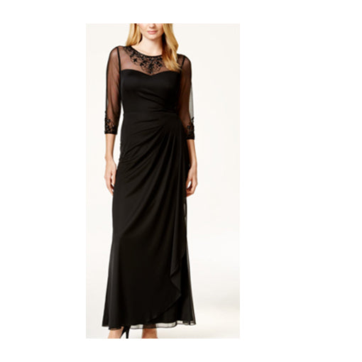 PATRA Black Embellished Illusion Draped Gown - Size 6