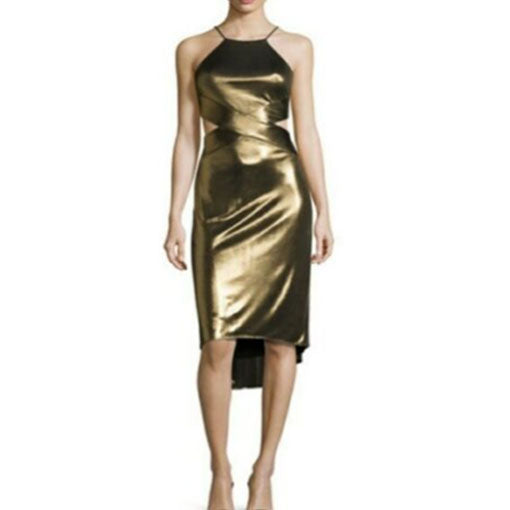 HALSTON HERITAGE Cutout Bronze Dress Gown Halter Racerback Open Sides Shiny - Size 4