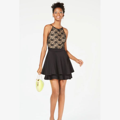 EMERALD SUNDAE Black Sleeveless Halter Mini Fit + Flare Party Dress - Size S