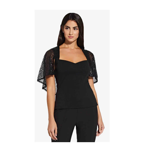 ADRIANNA PAPELL, SEQUIN CREPE TOP IN BLACK - Size 8