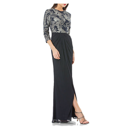 JS COLLECTIONS METALLIC EMBROIDERED COLUMN NAVY GOWN  - Size 2