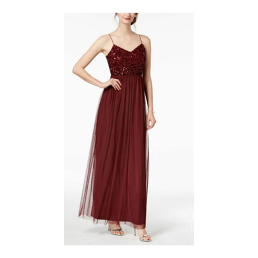 ADRIANNA PAPELL Womens Deep Wine Sequined Tulle Gown - Size 8