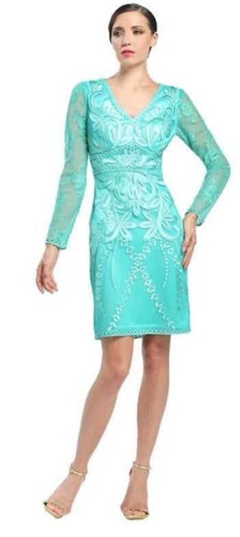 SUE WONG - Floral Embroidered Long Sleeve V-Neck Dress