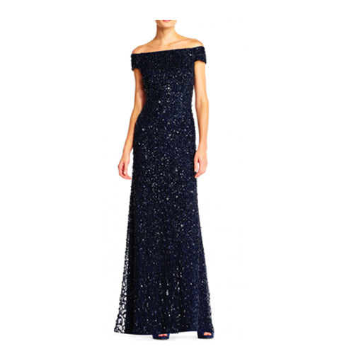 ADRIANNA PAPELL Women's Off The Shoulder Sequin Beaded Gown - Size 4