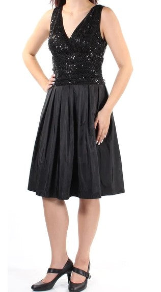 SLNY Womens Black Pleated Sequined Sleeveless V Neck Knee Length Evening Dress