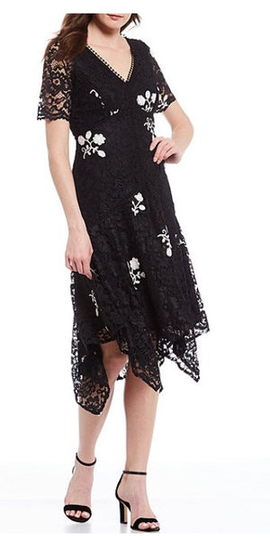 Embroidered Floral Lace Lattice Detail Handkerchief Hem Midi A-line Dress - Size 2
