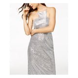 ADRIANNA PAPELL Womens Silver Sequined Cutaway Gown Sleeveless Halter Full-Length - Size 6