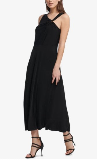 DKNY Black Asymmetrical Neckline Maxi Evening Dress - Size 8