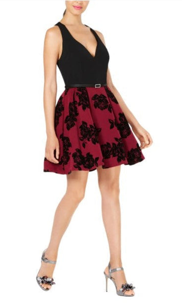 CRYSTAL DOLL Juniors' Party Dress Floral Velvet - Black/Wine - Size 1
