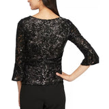 ALEX EVENINGS Bell Sleeve Sequined Lace Blouse - Black-Nude - Size LP