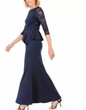 JESSICA HOWARD Navy Ruffled Long Sleeve Jewel Neck Evening Dress - Size 8