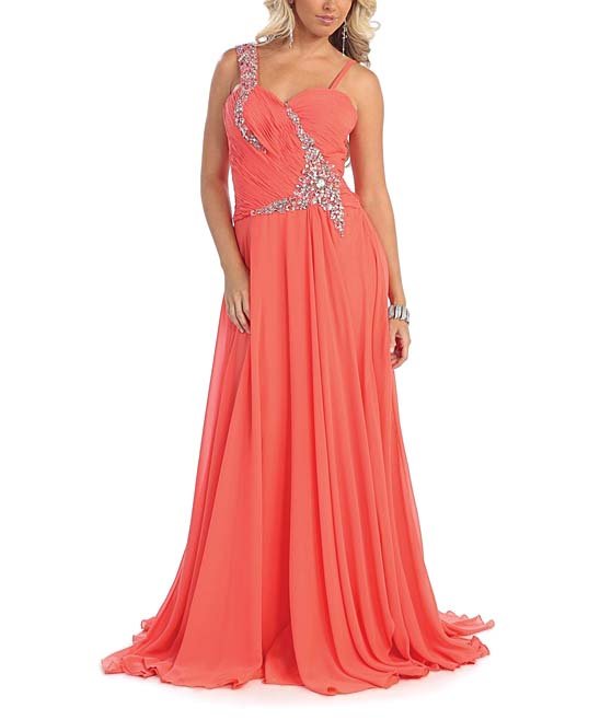 May Queen Coral Chiffon Hand-Beaded Surplice Gown & Shawl - Size 2