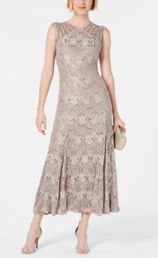 R & M Richards Long Embellished Illusion-Detail Lace Gown