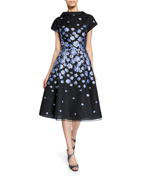 RICKIE FREEMAN FOR TERI JON Roll-Neck Cap-Sleeve Flower-Patterned Jacquard Dress - Size 6