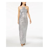 ADRIANNA PAPELL Womens Silver Sequined Cutaway Gown Sleeveless Halter Full-Length - Size 8