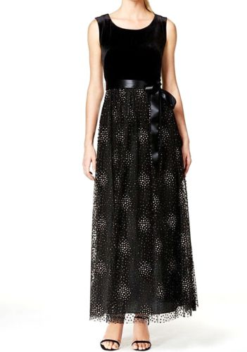 PATRA Black Velvet A-Line Satin Bow Dress Gown - Size 10